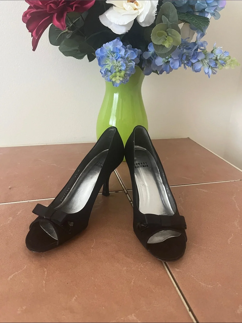Stuart Weitzman Black Peep-Toe Heels with Bow Accent